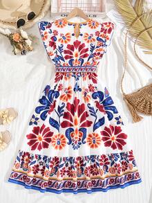ChillGRL Tween Girls Elegant White Floral Summer Boho Vacation Holiday Ruffle Trim Colorful Printed A-Line Dress,Suitable For Casual Daily Commute Gathering - Multicolor - View 2