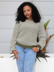 Steph T 女士秋冬时尚露肩领不对称领条纹长袖毛衣海岸魅力条纹落肩毛衣海军风毛衣 - 軍綠色 - 查看 1