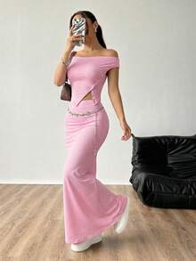 SHEIN EZwear Bộ 2 món gồm áo trễ vai màu hồng và chân váy đuôi cá dành cho nữ, thích hợp cho mùa xuân/hè. - Hồng - Xem 5