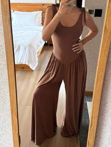 DAZY Bộ áo liền quần mùa hè cho nữ, không tay, buộc dây vai, eo, ống rộng, thích hợp mặc ở nhà. - Cà phê nâu - Xem 7