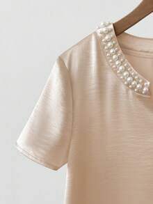SHEIN Tall Satin Short Sleeve V-Neck Elegant Commuting Fashion Women Shirt With Pearl Decor, Spring/Summer - Multicolor - View 4