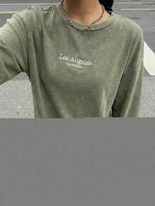 Muchica Casual Washed Military Green Long Sleeve T-Shirt For Women, Spring/Autumn - Army Green - View 5