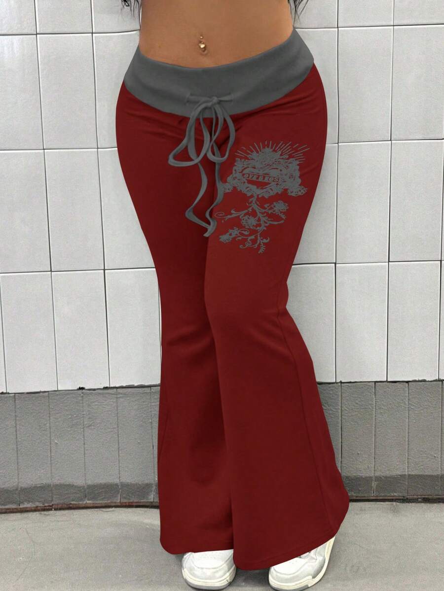 Maweii 大码女式休闲街头风抽绳腰带撞色印花修身喇叭裤，灰色/黑色 - 酒紅色 - 查看 1