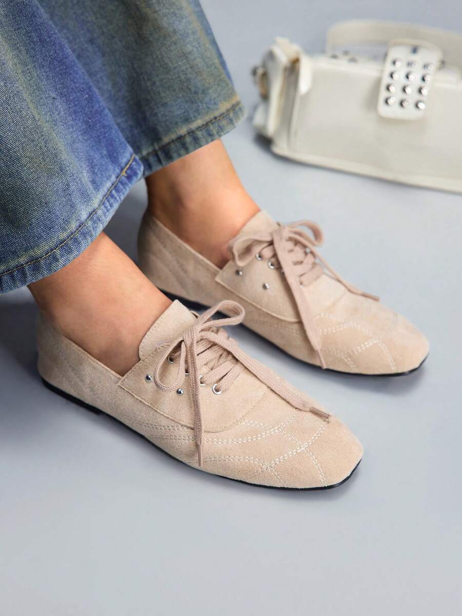 CUCCOO GRLICON 女士休闲百搭通勤系带平底鞋 - 杏色 - 查看 1