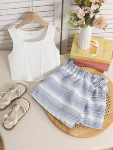 SHEIN Tween Girls' Summer Casual Vacation U-Neck Ribbed Trim Curved Hem Solid Knit Elastic Sleeveless Tank Top And Wrap Striped Shorts Set - Blue and White - View 1