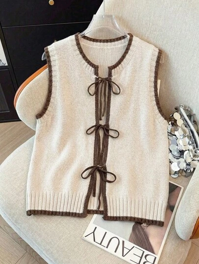 GlowEve CURVE 早春新款宽松休闲撞色蝴蝶结系带针织开衫背心