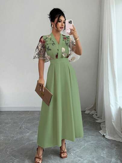 Rafferiza Women's V-Neck Contrast Mesh Embroidered Elegant Long Apricot Dress Green Elegant Dress Women Elegant Spring Dress Sage Green Formal Dress