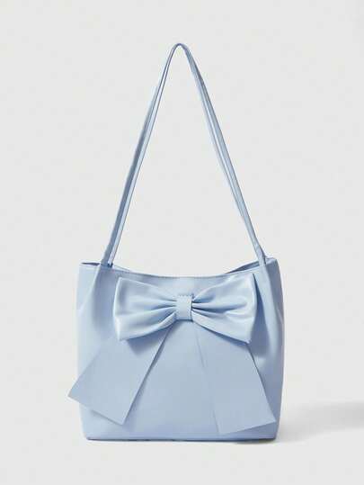 ROMWE Kawaii 纯色 PU 皮革蝴蝶结装饰轻便时尚女士大容量单肩包，优雅女士手提包