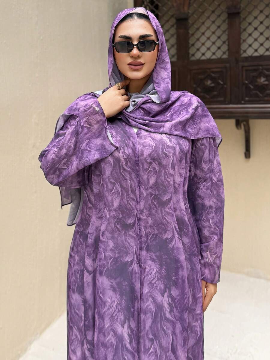 Dazy Plus 2pcs Floral Print Chiffon Scarf, Vacation Style Shirt - Purple - View 1