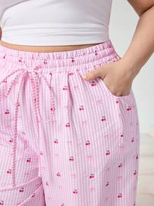 Solflare Quần ống rộng kẻ sọc toàn thân dáng casual dễ thương, có dây rút, cỡ lớn - Nhiều màu - Xem 6