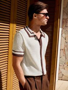 Manfinity CityGents 男士休闲撞色滚边短袖针织上衣，夏季 - 杏色 - 查看 6