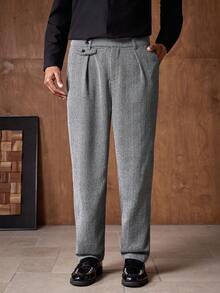 Business Casual AKNOTIC 男士人字纹斜插口袋休闲裤，适合圣诞派对、通勤、商务场合、送给男友的礼物、节日之选；法兰绒男士正装裤；男士褶裥西装裤；男士人字纹裤；灰色男士长裤；宽松男士粗花呢裤 - 黑與白 - 查看 6