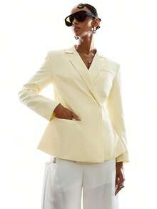 LYSMO Women's Lace Patchwork Notched Collar Fashionable Versatile Commuting Long Sleeve Blazer - Light Yellow - View 3