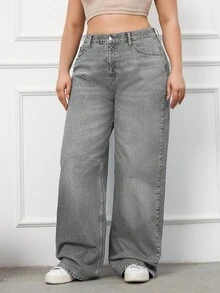 EURMUSE 100%Cotton Plus Size Belt Details Wide Leg Jeans - Grey - View 5
