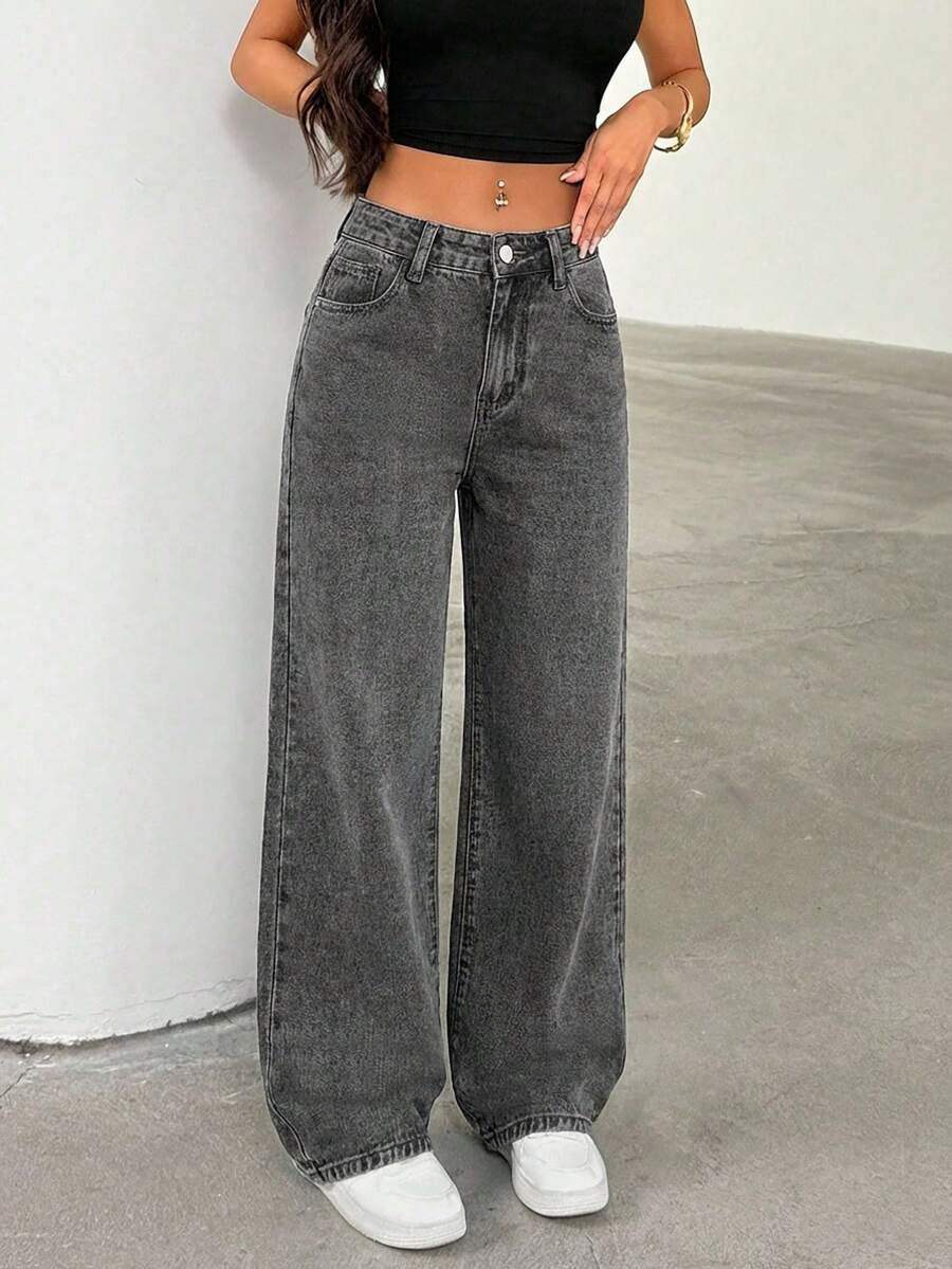 SHEIN Cottnline Women's Loose Casual Everyday Versatile Jeans With Pockets And Buttons - Light Grey - View 1