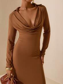 Vesra Women's Elegant Sexy Draped Neck Long Sleeve Fitted Dress - Brown - View 7