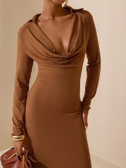 Vesra Women's Elegant Sexy Draped Neck Long Sleeve Fitted Dress