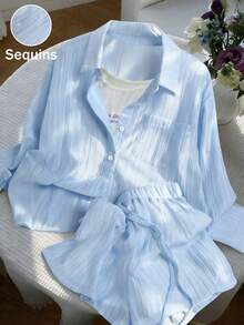 Lyxana Conjunto de 2 piezas para mujer con camisa de un solo pecho de unicolor simple y shorts con cordón - Azul - Ver 3