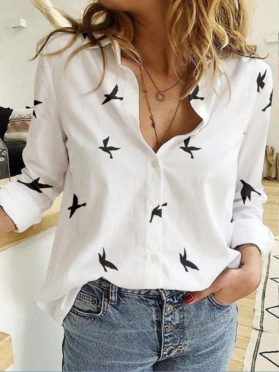 EMERY ROSE Camicia casual a maniche lunghe da donna con colletto alla coreana, chiusura monopetto e stampa di uccelli, versatile per l'ufficio e il tempo libero - Multicolore - Visualizzare 1