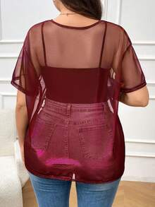 SHEIN Essnce Plus Size Semi-Sheer Iridescent Round Neck Loose Fit Women Top - Burgundy - View 2