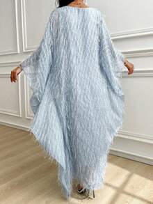 SHEIN Lady CURVE 大码女式纯色圆领蝙蝠袖宽松时尚连衣裙 - 藍色 - 查看 2