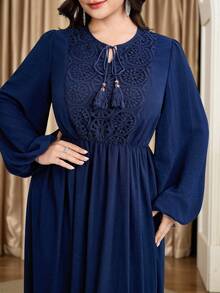 Al Najma Plus Size Women Contrast Lace Tie-Up Fringe Ruched Elegant Waist Lantern Sleeve Party Dress Fall - Navy Blue - View 3