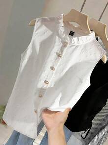SHEIN Ladiora Áo kiểu không tay cài khuy ngọc trai Jacquard, cổ bèo nhún, chất liệu chiffon, kiểu dáng nhẹ nhàng, ôm sát, phù hợp cho hẹn hò và đi làm, có thể mặc trong hoặc ngoài. - trắng - Xem 6