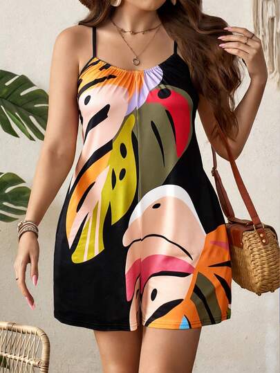 Breezaya Bộ áo liền quần nữ mùa hè mới, kiểu dáng thường ngày, họa tiết hoạt hình cây nhiệt đới, áo liền quần cỡ lớn dành cho nữ, trang phục thường ngày thoải mái và trẻ trung, áo liền quần mát mẻ cho kỳ nghỉ biển, phong cách phương Tây cổ điển.