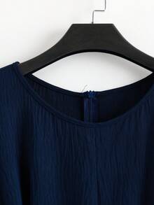 Linhara Plus Size Women Navy Blue 2 Pieces Set,Elegant Summer Vacation Ruffle Sleeve Round Neck Cinched Waist Beaded Shirt & Loose Elastic Wide Leg Pants Set - Blue - View 6