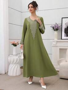 Al Najma Bata suelta bordada con cuentas para mujeres para Eid - Verde militar - Ver 5