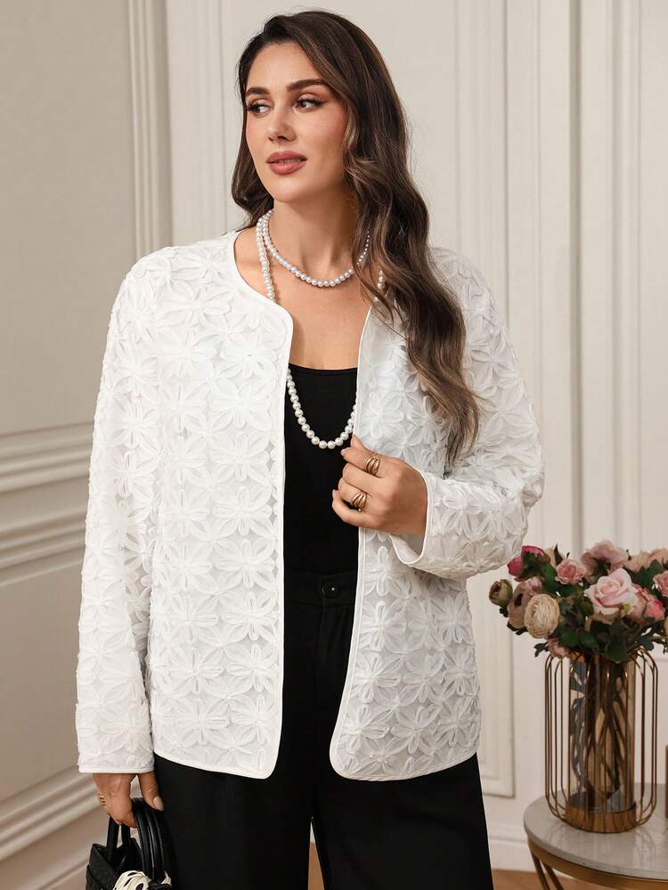 Plus Size Women White Lace Jacket, Elegant For Commute And Wedding Season, Spring/Summer,Spring Clothes Women,Spring Jacket,Festival Outfits For Women,Party Outfit ,Elegant , Birthday Outfits For Women,Formal Attire For Women,White Top,Work Outfits For Women