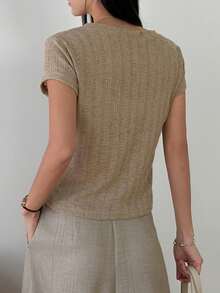 DAZY 女士V领短袖开衫休闲T恤，夏季 - 卡其色 - 查看 5