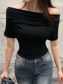 DAZY Women's Solid Color Off-Shoulder Pleated Fitted Short Sleeve T-Shirt, Spring/Summer - Black - View 5