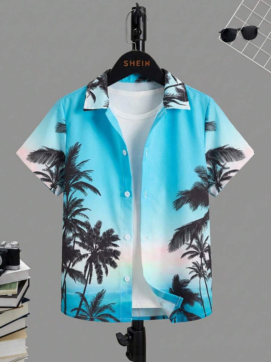 SHEIN 青少年男孩夏季休闲时尚海滩度假热带棕榈树渐变印花短袖衬衫 - 彩色 - 查看 1