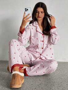 Aloruh 条纹爱心拼接领上衣和裤子睡衣套装，秋冬服装 - 彩色 - 查看 6