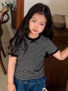 DAZY Girls (Small) Round Neck Striped Short Sleeve Casual T-Shirt, Fall - Black and White - View 4