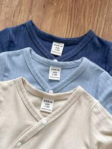 SHEIN Vintaside Kids 3件套新生儿/婴幼儿/学步男童/女童可爱休闲简约舒适柔软透气短袖连体衣，萌熊印花图案，适合春、夏、秋、冬四季日常穿着、生日派对、摄影等场合 - 彩色 - 查看 7
