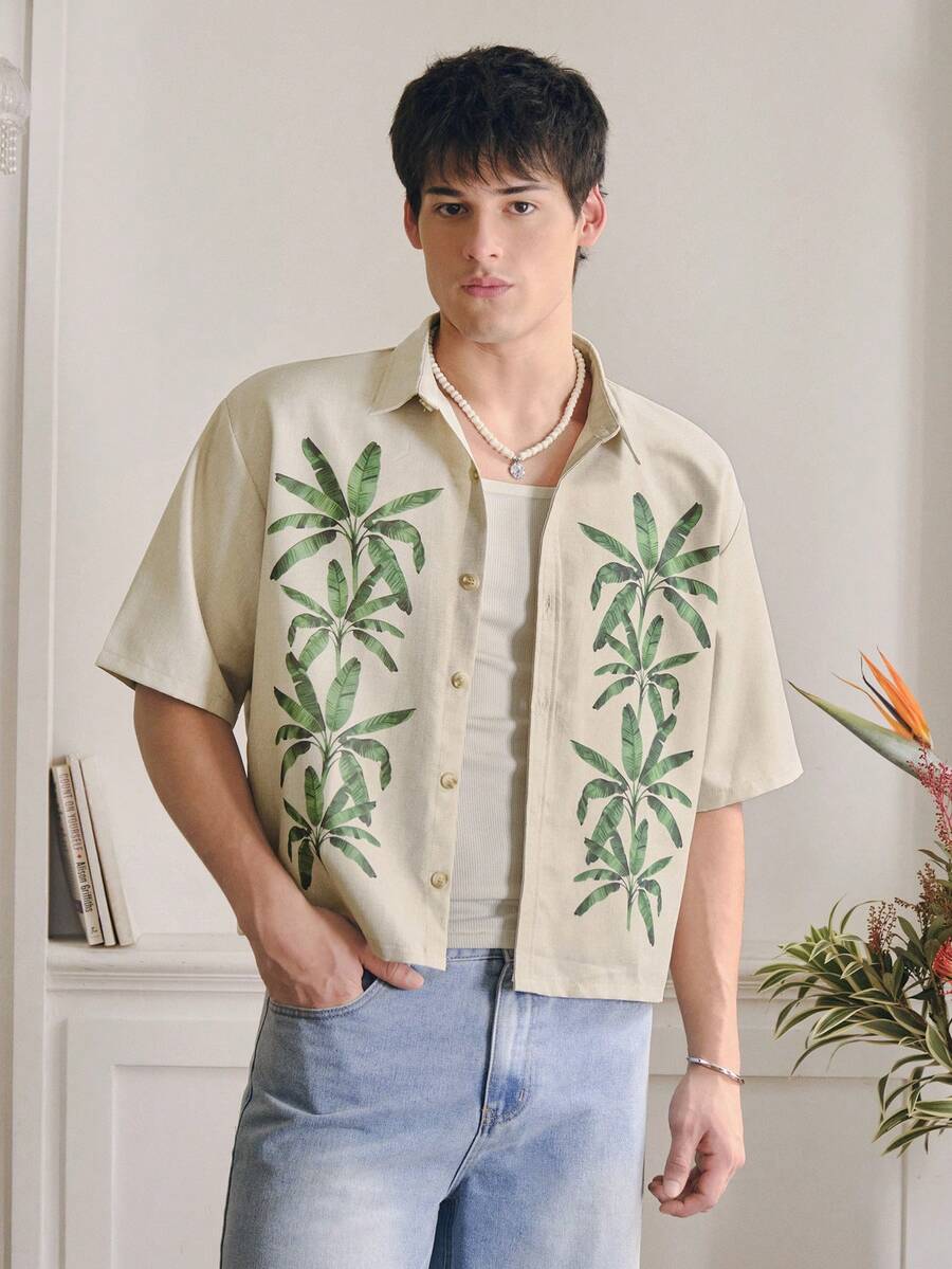 Manfinity Unisex Casual Men's Woven Fabric Half Sleeve Shirt With Tropical Plant Print And Button Front In Apricot Bowling Shirt For Men Cuban Shirt Mens Palm Tree Shirt - Apricot - View 1