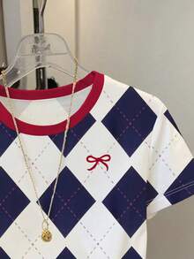 Resyla 女士撞色圆领短袖菱格纹休闲T恤，夏季百搭 - 彩色 - 查看 3