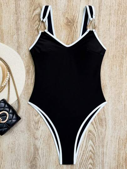 Swim Chiccia Black High Elasticity Fabric Shoulder Strap Metal Decor One Piece Swimsuit, Elegant Style One-Piece Swimwear For Women, Summer Beach Holiday