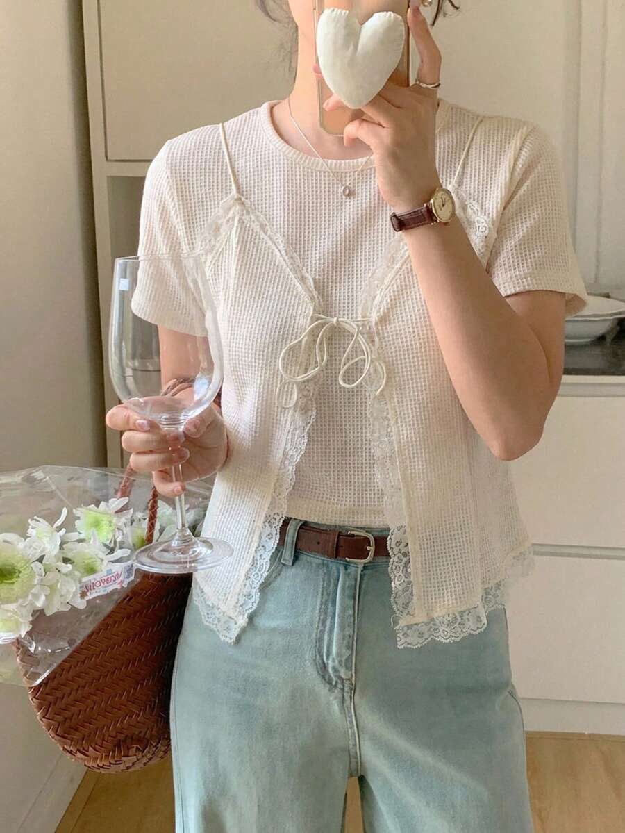 DAZY Women's 2 In 1 Lace Patchwork Round Neck Short Sleeve T-Shirt - Apricot - View 1