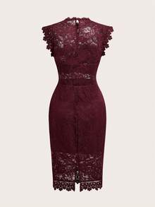 Firerie 女士夏季优雅白色蕾丝荷叶袖镂空腰身连衣裙，适合单身派对和婚礼季穿着 - 酒紅色 - 查看 2