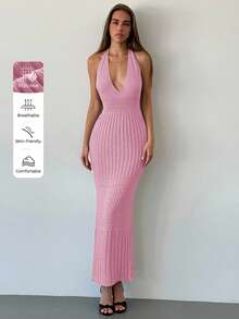 Aloruh 新款钩针编织露背深V领性感度假/约会/休闲针织连衣裙 - 粉色 - 查看 9