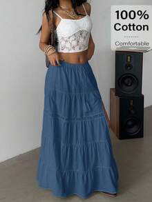 Falda de playa bohemia para mujer, falda maxi de mezcla de lino con corte alto, cintura elástica y ribete de encaje, esencial para festivales de música y vacaciones, falda de línea A de verano, verano para mujer, vacaciones para mujer, pla - Azul - Ver 6