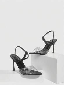 CUCCOO SZL 女士春夏尖头细高跟黑色透明水钻性感时尚华丽后踝带裙摆宴会派对夜店女士高跟凉鞋露趾凉鞋 - 黑色 - 查看 1