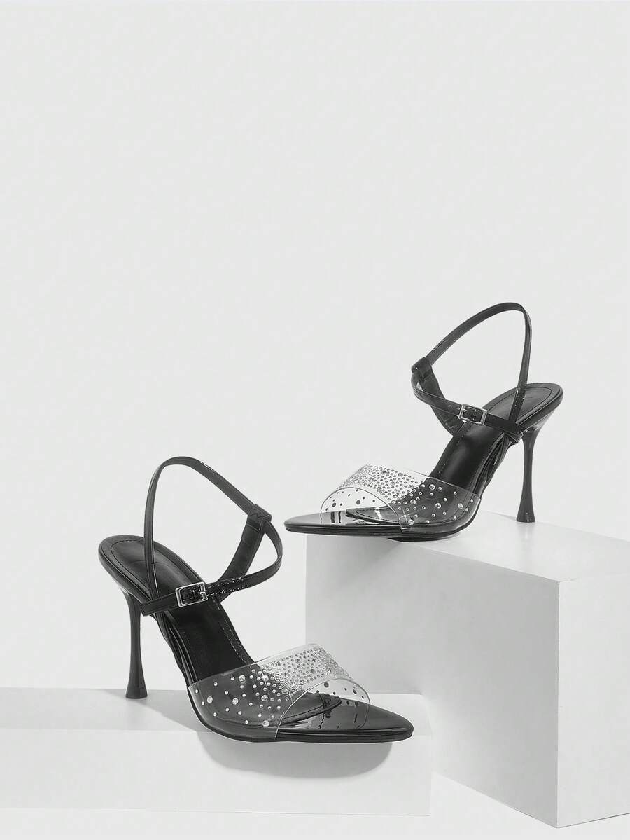 CUCCOO SZL 女士春夏尖头细高跟黑色透明水钻性感时尚华丽后踝带裙摆宴会派对夜店女士高跟凉鞋露趾凉鞋 - 黑色 - 查看 1