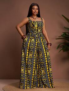 Veslaya 2026早春新款加大码女装，适合音乐节、复活节、西部风、游牧风格等场合，包括生日派对、毕业典礼、节日庆典、优雅宴会、舞会、日常通勤和休闲穿着。套装包含宽肩带几何印花露脐上衣和阔腿裤。 - 黃色 - 查看 6