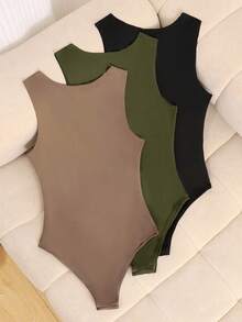 SHEIN 3pcs/Set Teen Girls Casual Waist Cinched Round Neck Sleeveless Jumpsuit - Multicolor - View 2