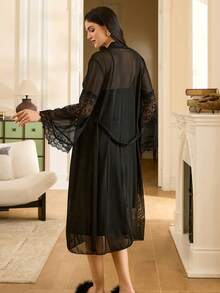Moireta 2pcs Elegant Lace Patchwork Sexy Sleepwear Set, Includes Nightgown And Robe Sexy 2piece Nightgown Lingerie Robe Set Black Silk Robe Lace Robe Mesh Robe - Black - View 2