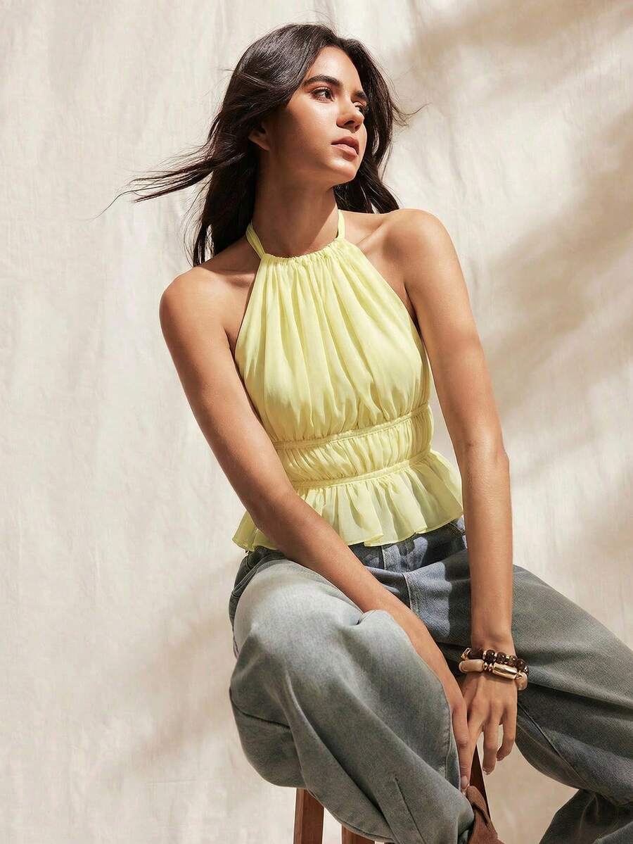 Easelle Camiseta de tirantes con pliegues de color amarillo crema, para primavera/verano - Amarillo claro - Ver 1